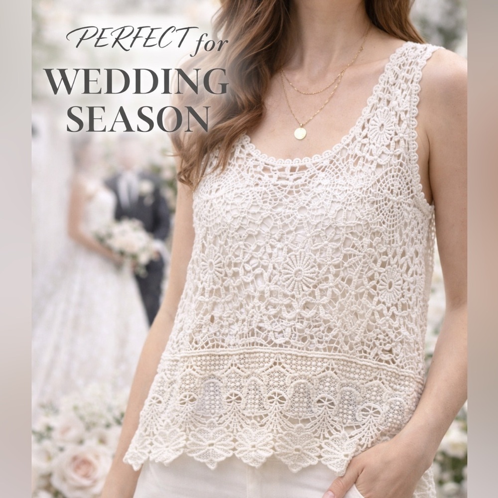 Ivory Crochet Lace Tank Boho Bridal Wedding Shower Top Medium